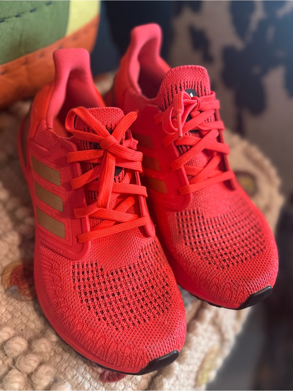 Adidas Women’s Ultra Boost Neon Red Knit Comfort Running Sneakers Gold Stripes - Picture 9 of 10